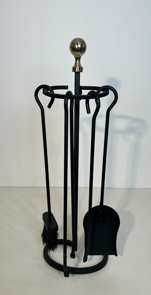 Black Lacquered And Brass Design Fireplace Tools On Stand. French Work. Circa 1970