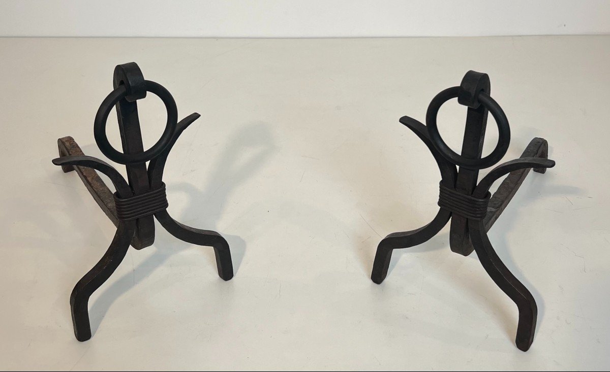 Pair Of Modernist Wrought Iron Andirons. French Work In The Style Of Jean Royère. Circa 1940-photo-2