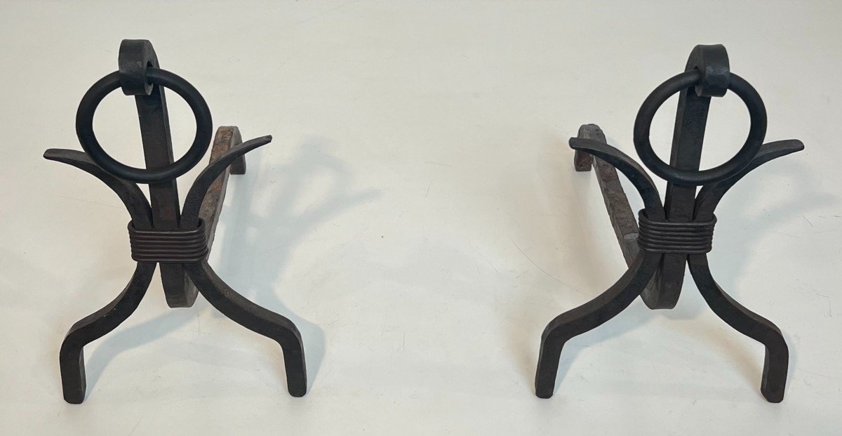 Pair Of Modernist Wrought Iron Andirons. French Work In The Style Of Jean Royère. Circa 1940-photo-3