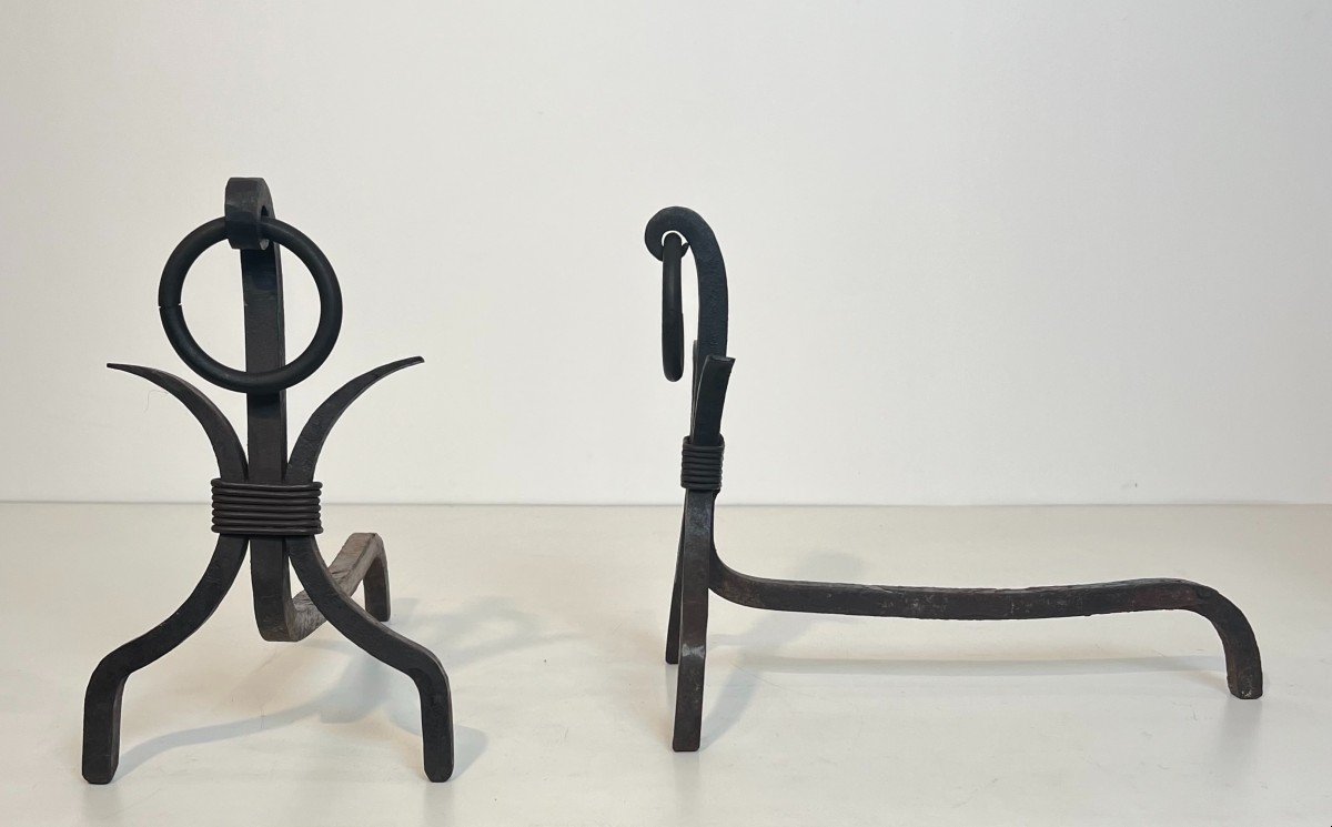 Pair Of Modernist Wrought Iron Andirons. French Work In The Style Of Jean Royère. Circa 1940-photo-4