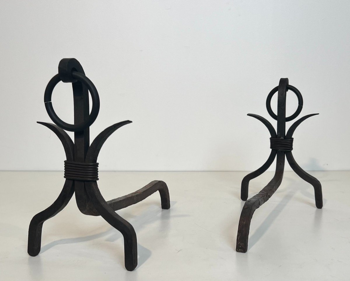 Pair Of Modernist Wrought Iron Andirons. French Work In The Style Of Jean Royère. Circa 1940-photo-1