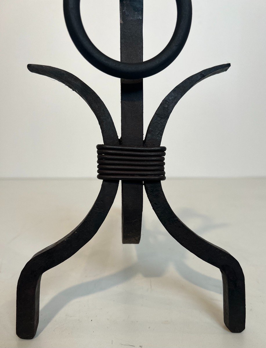 Pair Of Modernist Wrought Iron Andirons. French Work In The Style Of Jean Royère. Circa 1940-photo-6