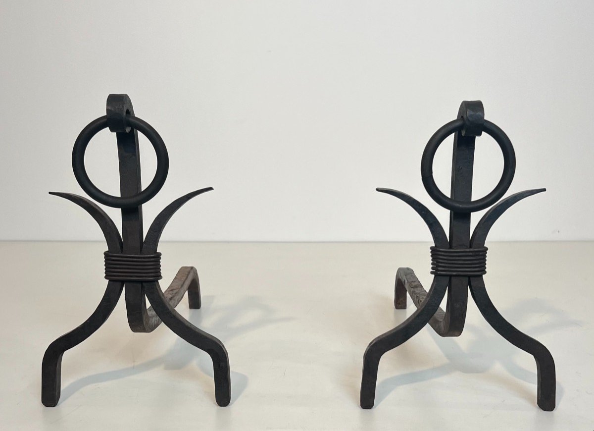 Pair Of Modernist Wrought Iron Andirons. French Work In The Style Of Jean Royère. Circa 1940-photo-8