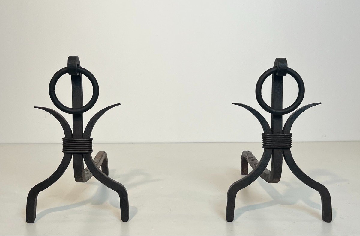 Pair Of Modernist Wrought Iron Andirons. French Work In The Style Of Jean Royère. Circa 1940