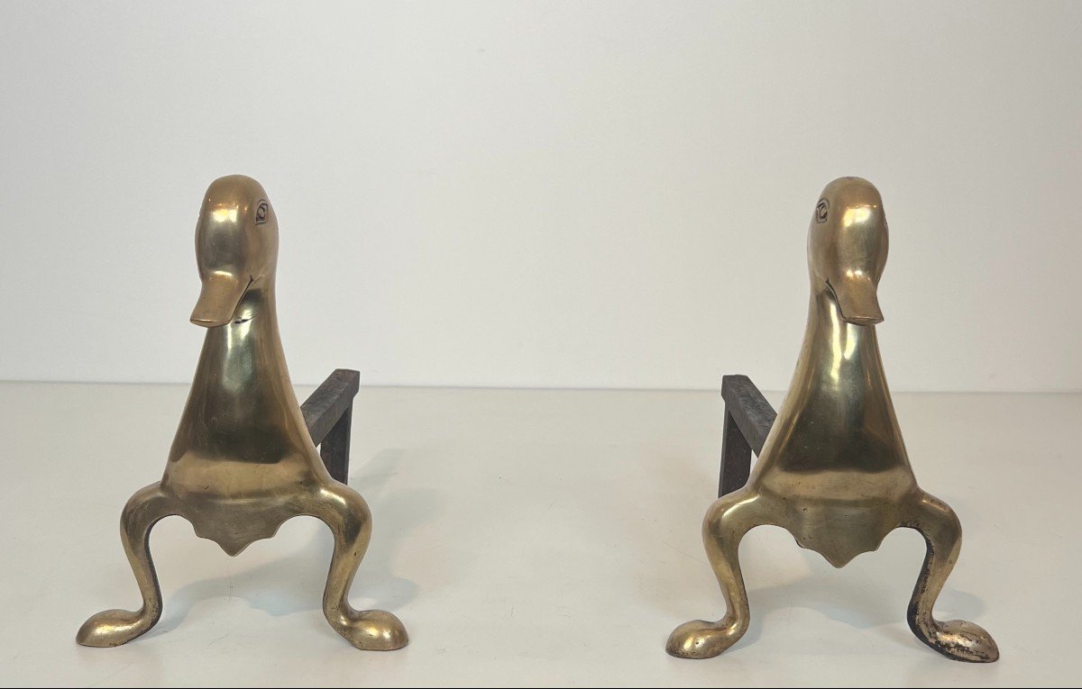 Pair Of Andirons Representing Stylized Ducks In Brass In The Taste Of Claude And François-xavie-photo-2