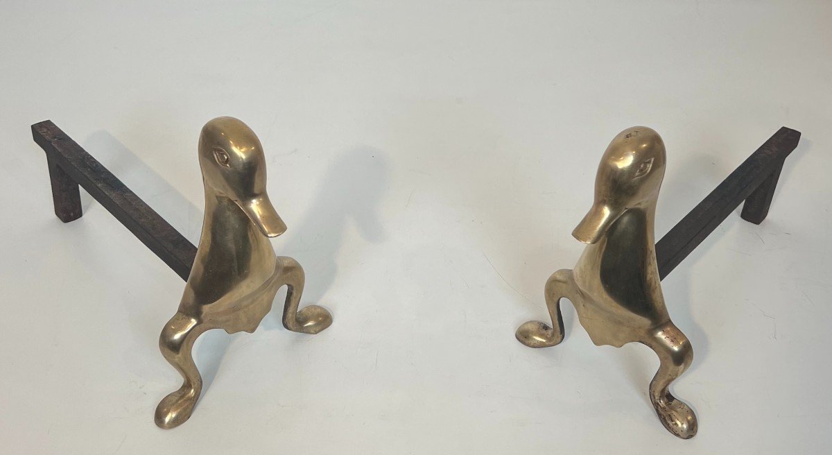 Pair Of Andirons Representing Stylized Ducks In Brass In The Taste Of Claude And François-xavie-photo-3