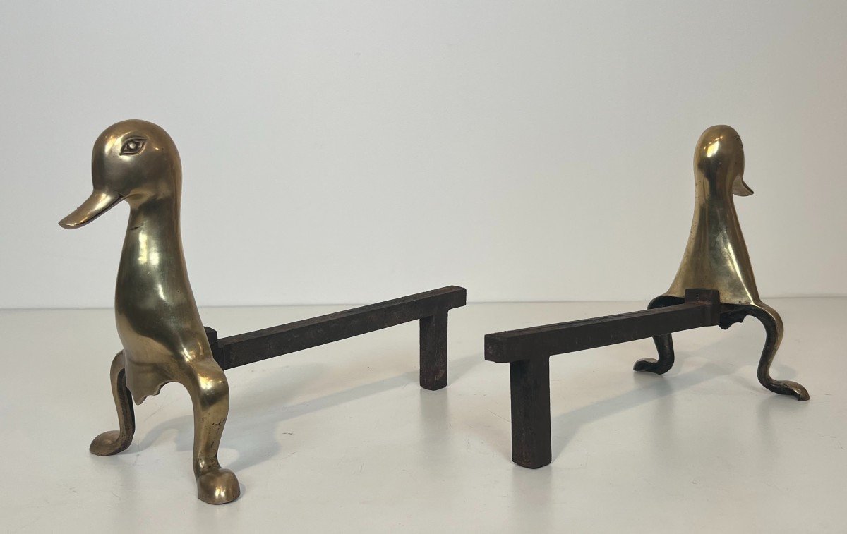 Pair Of Andirons Representing Stylized Ducks In Brass In The Taste Of Claude And François-xavie-photo-4