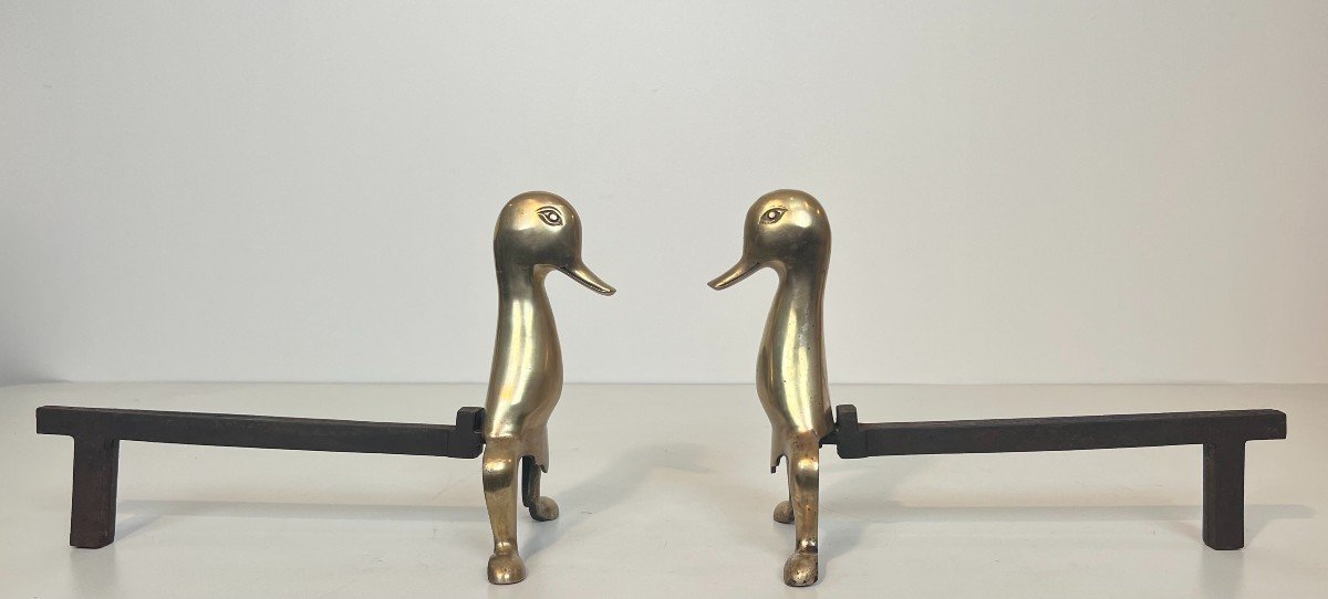 Pair Of Andirons Representing Stylized Ducks In Brass In The Taste Of Claude And François-xavie-photo-1