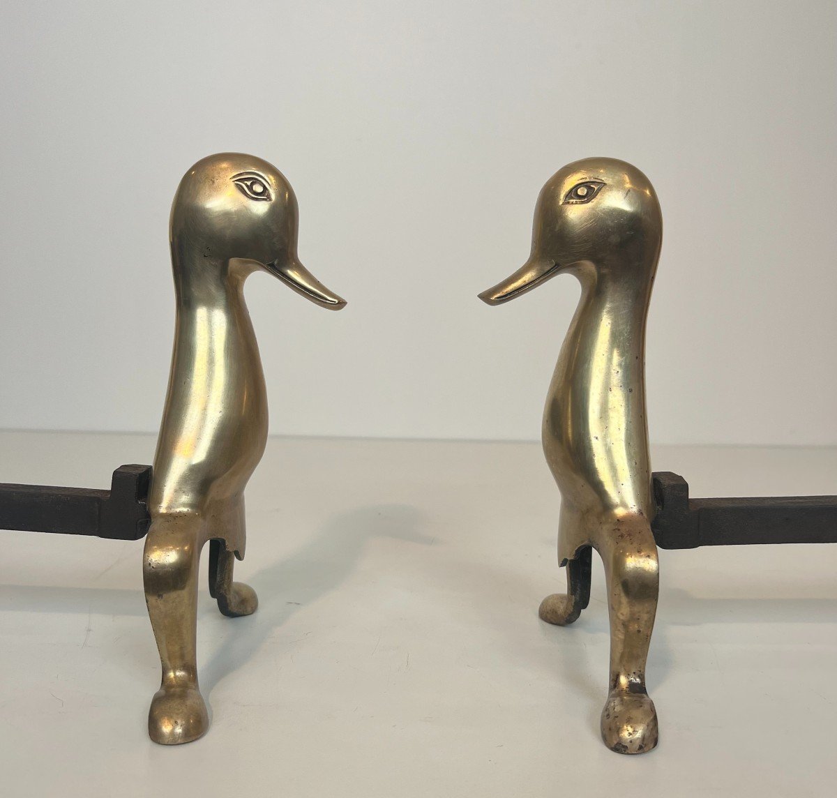 Pair Of Andirons Representing Stylized Ducks In Brass In The Taste Of Claude And François-xavie-photo-2