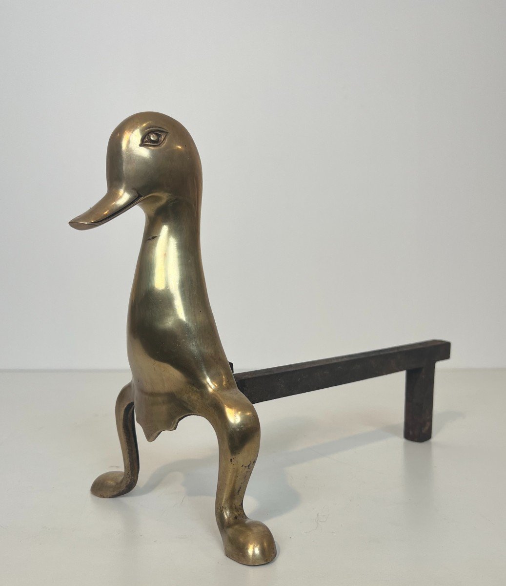 Pair Of Andirons Representing Stylized Ducks In Brass In The Taste Of Claude And François-xavie-photo-4