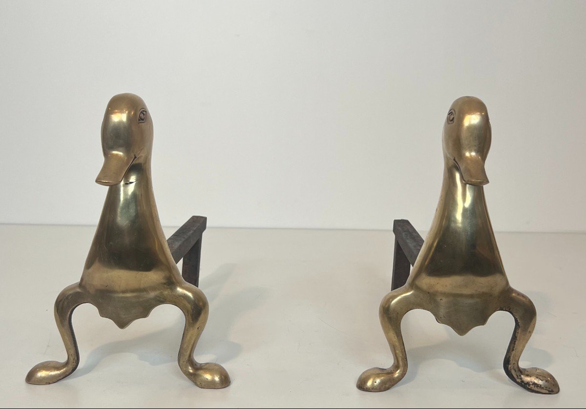 Pair Of Andirons Representing Stylized Ducks In Brass In The Taste Of Claude And François-xavie-photo-8