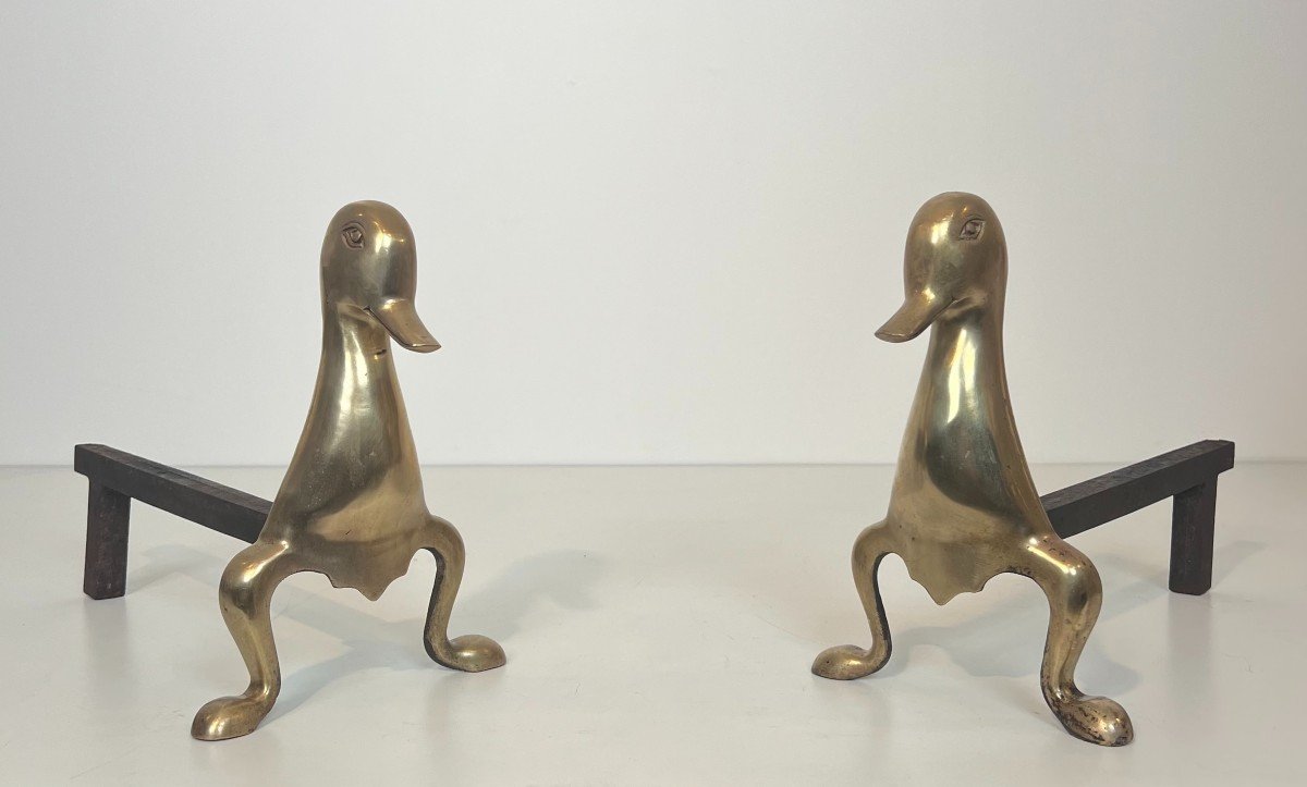 Pair Of Andirons Representing Stylized Ducks In Brass In The Taste Of Claude And François-xavie