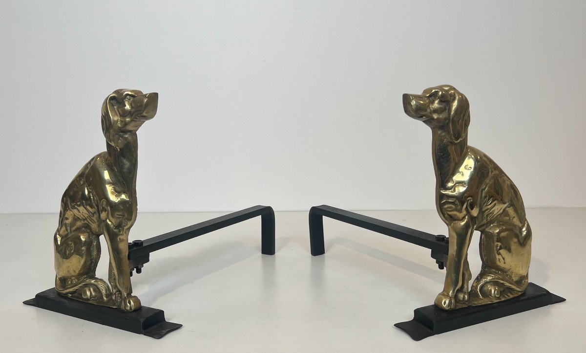 Pair Of Chiseled Bronze Andirons Representing Dogs From Art Deco Period-photo-2