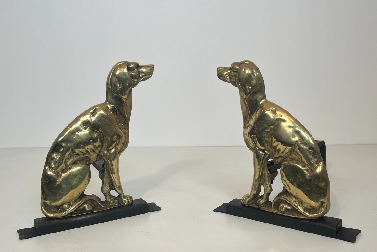 Pair Of Chiseled Bronze Andirons Representing Dogs From Art Deco Period-photo-3