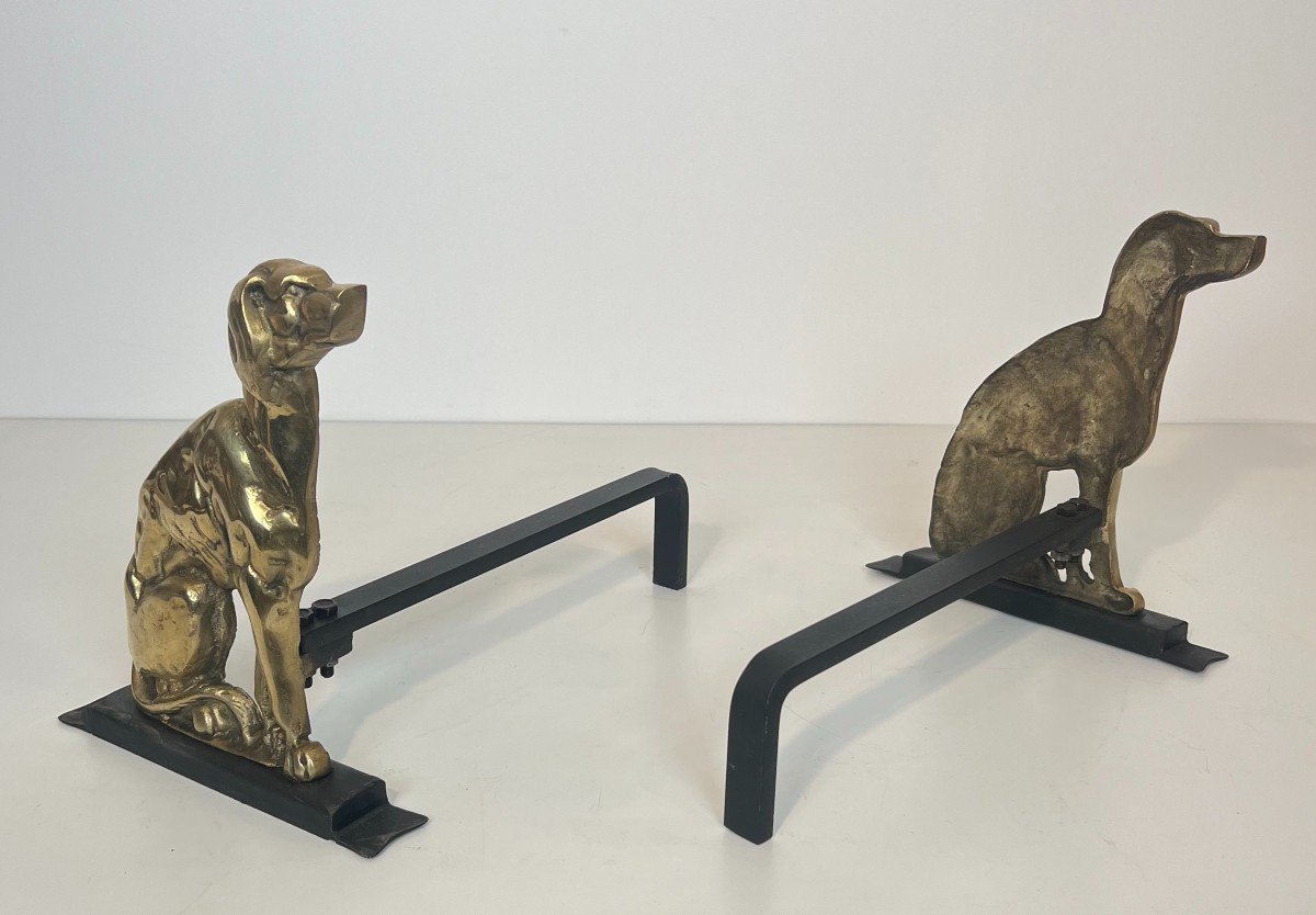 Pair Of Chiseled Bronze Andirons Representing Dogs From Art Deco Period-photo-1