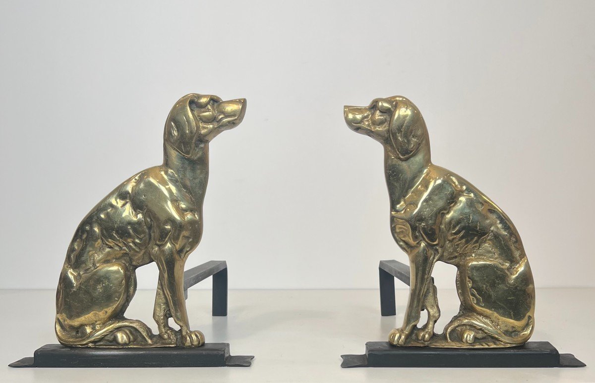 Pair Of Chiseled Bronze Andirons Representing Dogs From Art Deco Period-photo-7