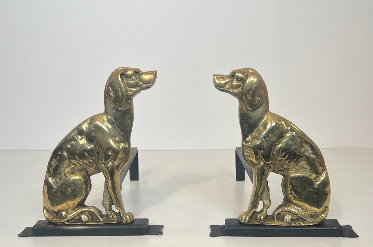 Pair Of Chiseled Bronze Andirons Representing Dogs From Art Deco Period-photo-8