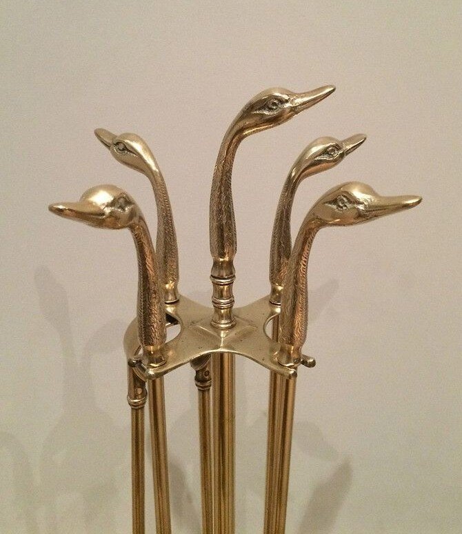 Brass Duck Heads Fireplace Tools On Stand. French Work In The Style Of Maison Jansen-photo-2