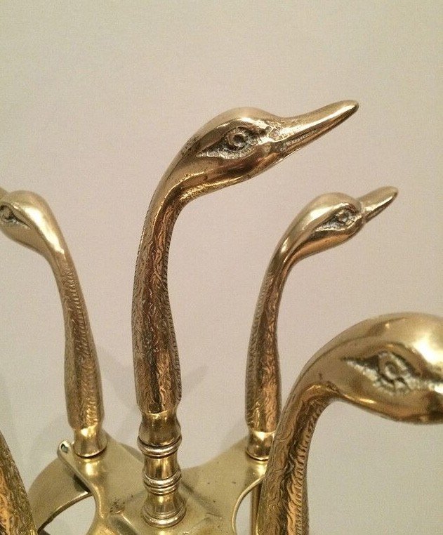 Brass Duck Heads Fireplace Tools On Stand. French Work In The Style Of Maison Jansen-photo-3