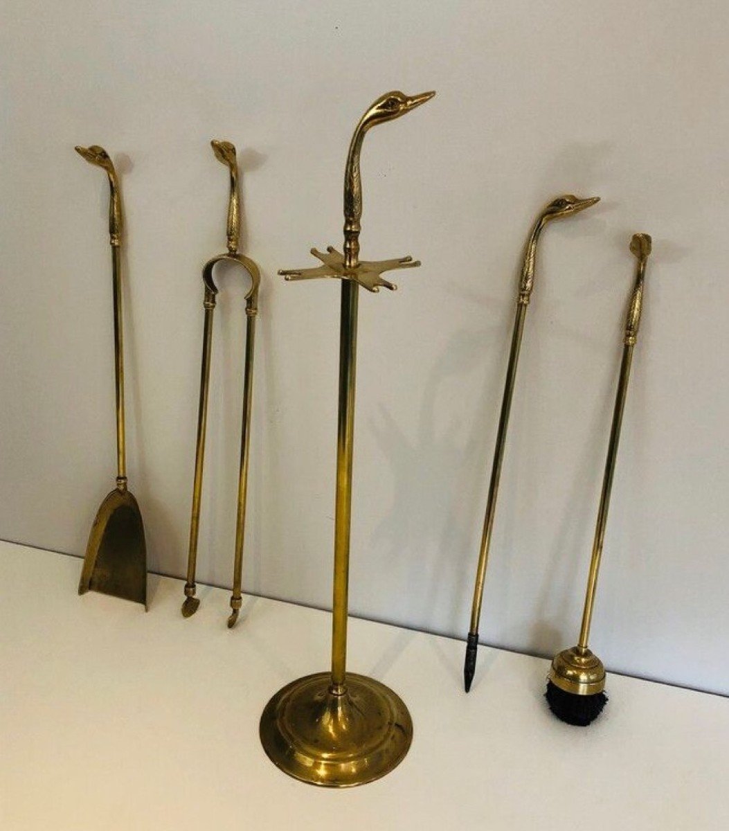 Brass Duck Heads Fireplace Tools On Stand. French Work In The Style Of Maison Jansen-photo-1