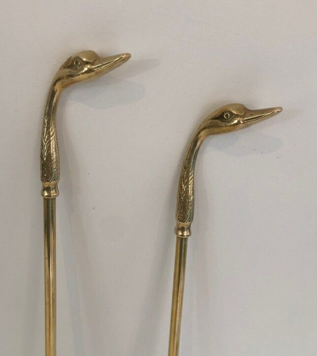 Brass Duck Heads Fireplace Tools On Stand. French Work In The Style Of Maison Jansen-photo-4