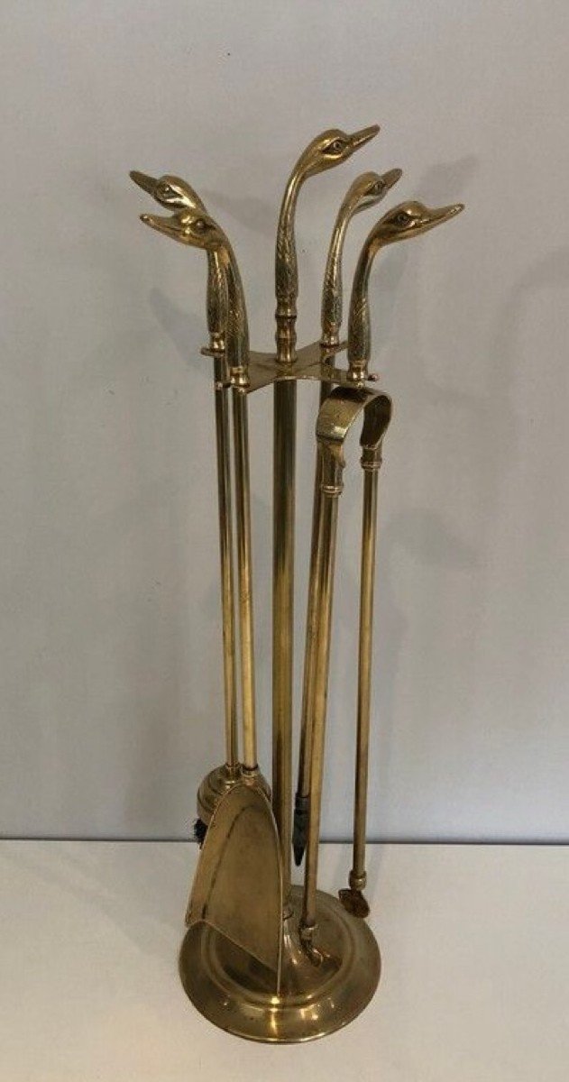 Brass Duck Heads Fireplace Tools On Stand. French Work In The Style Of Maison Jansen-photo-5