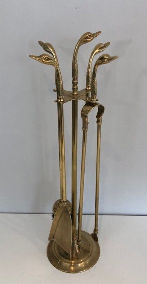 Brass Duck Heads Fireplace Tools On Stand. French Work In The Style Of Maison Jansen-photo-6