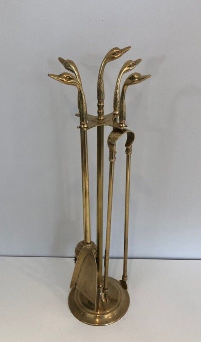 Brass Duck Heads Fireplace Tools On Stand. French Work In The Style Of Maison Jansen-photo-7