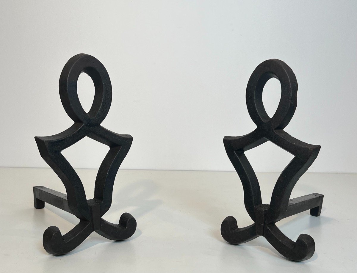 Pair Of Modernist Cast Iron And Wrought Iron Andirons. French Work By Raymond Subes. Circa 1940-photo-2