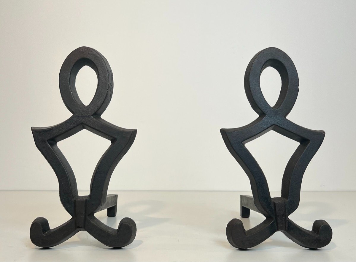 Pair Of Modernist Cast Iron And Wrought Iron Andirons. French Work By Raymond Subes. Circa 1940-photo-3