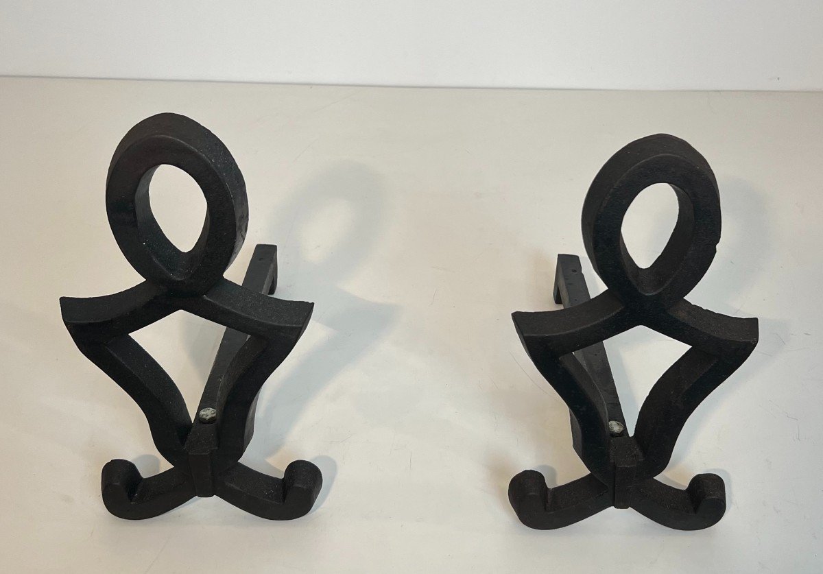 Pair Of Modernist Cast Iron And Wrought Iron Andirons. French Work By Raymond Subes. Circa 1940-photo-4