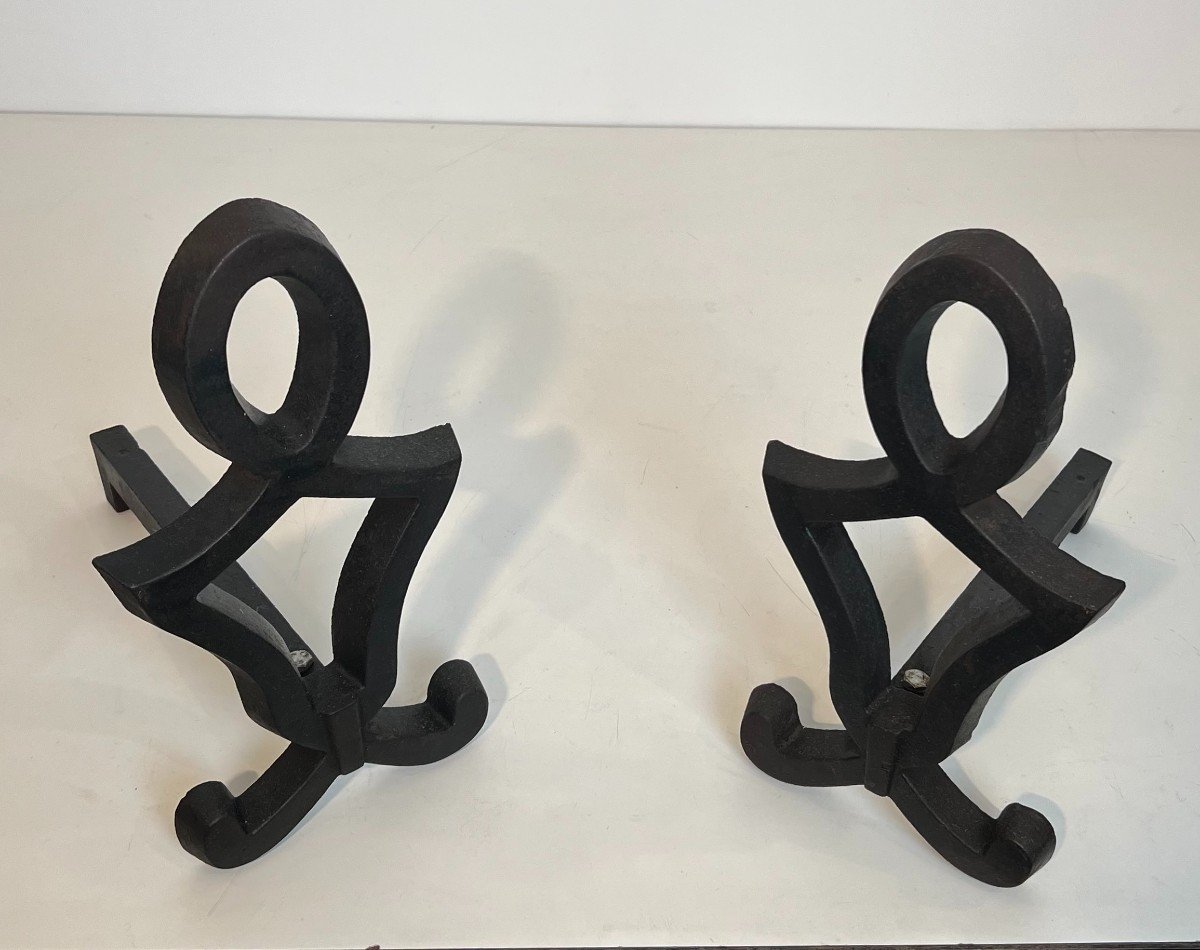 Pair Of Modernist Cast Iron And Wrought Iron Andirons. French Work By Raymond Subes. Circa 1940-photo-1