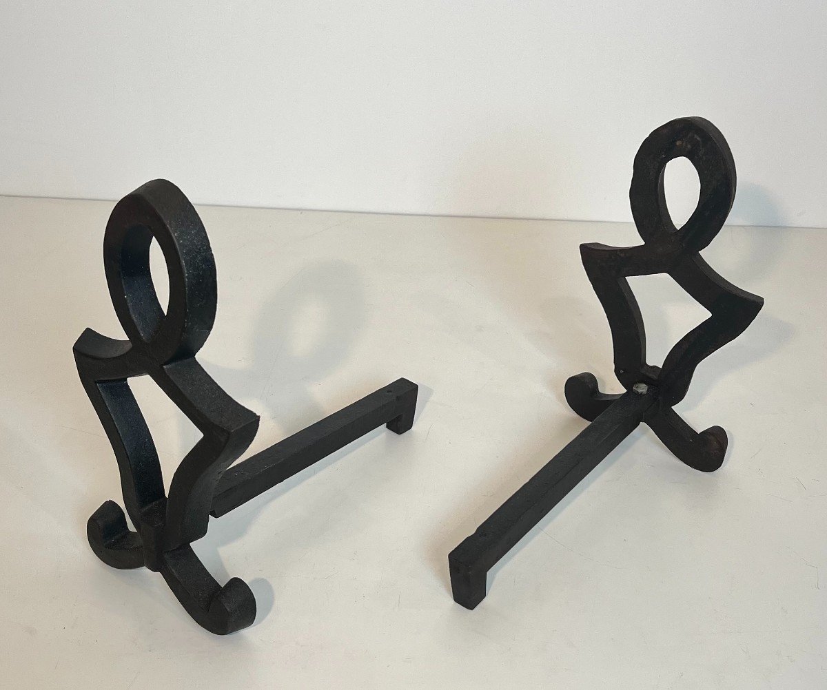 Pair Of Modernist Cast Iron And Wrought Iron Andirons. French Work By Raymond Subes. Circa 1940-photo-2