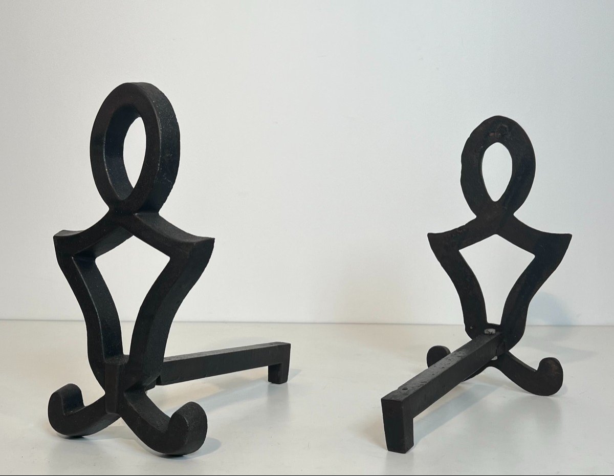 Pair Of Modernist Cast Iron And Wrought Iron Andirons. French Work By Raymond Subes. Circa 1940-photo-3