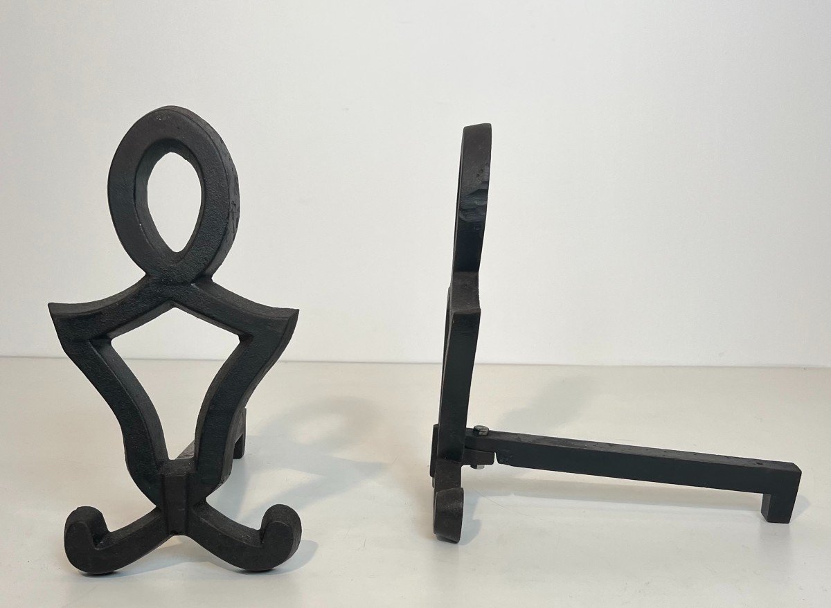 Pair Of Modernist Cast Iron And Wrought Iron Andirons. French Work By Raymond Subes. Circa 1940-photo-4