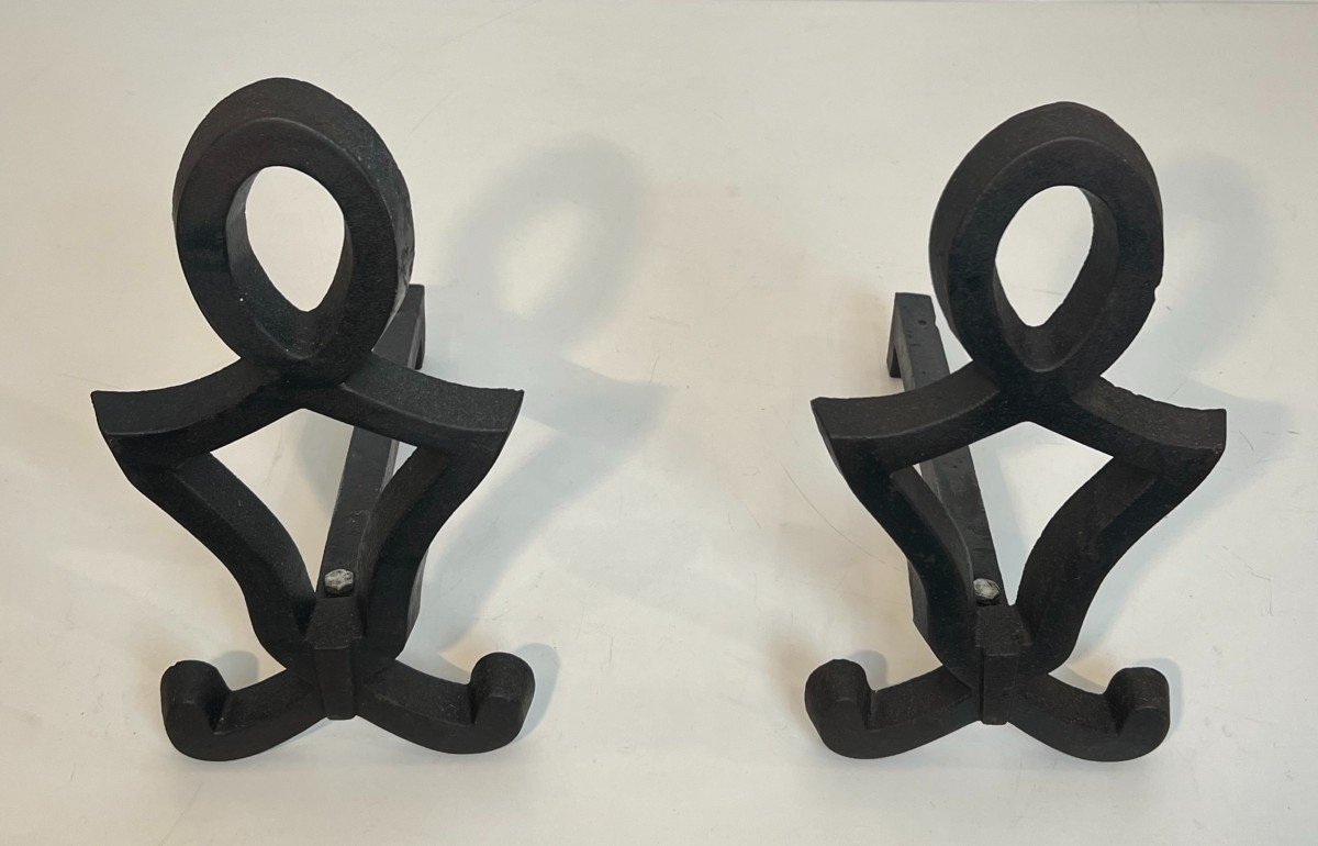 Pair Of Modernist Cast Iron And Wrought Iron Andirons. French Work By Raymond Subes. Circa 1940-photo-5