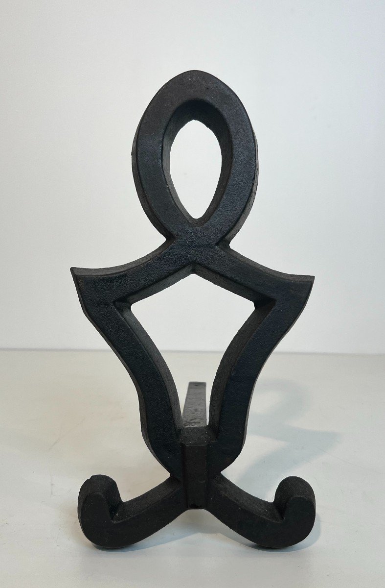 Pair Of Modernist Cast Iron And Wrought Iron Andirons. French Work By Raymond Subes. Circa 1940-photo-7