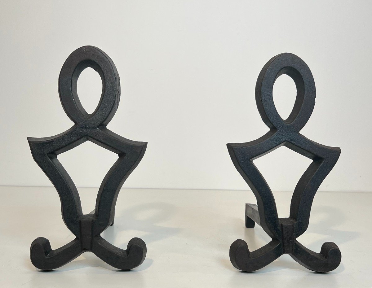 Pair Of Modernist Cast Iron And Wrought Iron Andirons. French Work By Raymond Subes. Circa 1940-photo-8