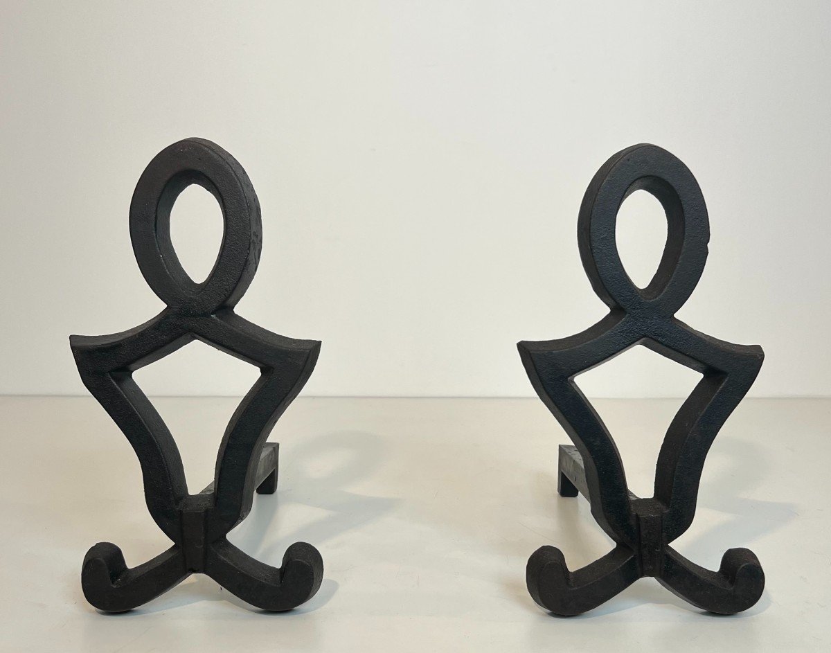 Pair Of Modernist Cast Iron And Wrought Iron Andirons. French Work By Raymond Subes. Circa 1940