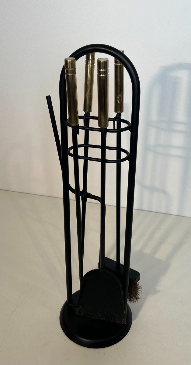 Black Lacquered And Brass Design Fireplace Tools On Stand. French Work. Circa 1970-photo-2