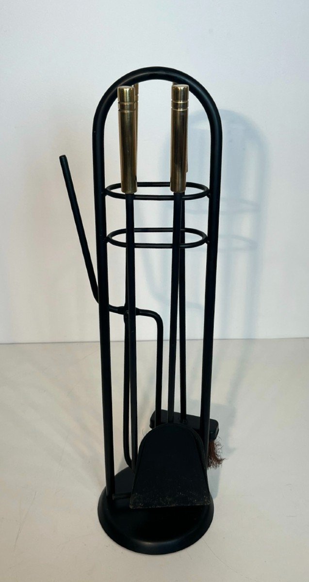 Black Lacquered And Brass Design Fireplace Tools On Stand. French Work. Circa 1970-photo-3