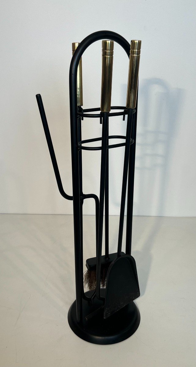 Black Lacquered And Brass Design Fireplace Tools On Stand. French Work. Circa 1970-photo-4