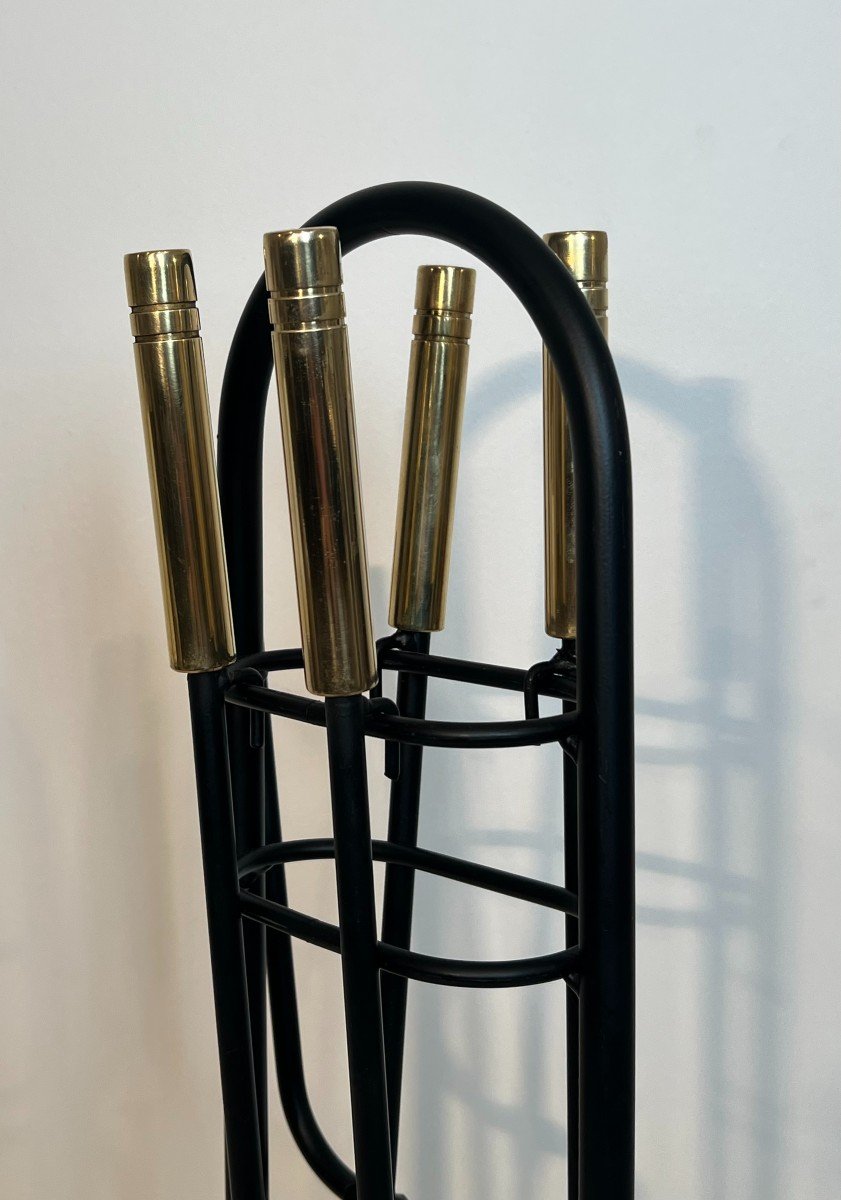 Black Lacquered And Brass Design Fireplace Tools On Stand. French Work. Circa 1970-photo-1