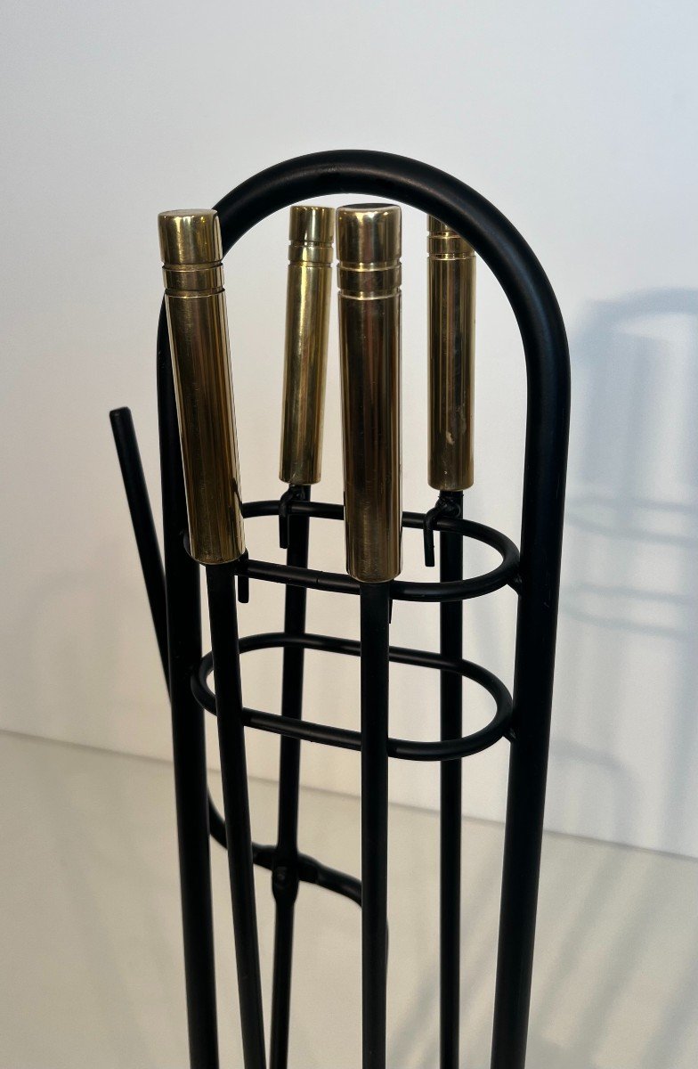 Black Lacquered And Brass Design Fireplace Tools On Stand. French Work. Circa 1970-photo-2