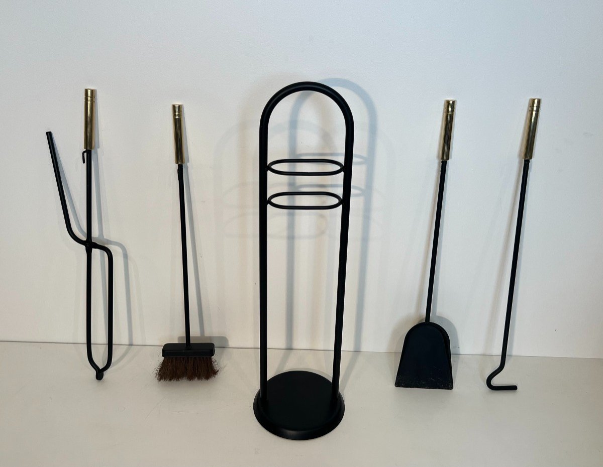 Black Lacquered And Brass Design Fireplace Tools On Stand. French Work. Circa 1970-photo-4