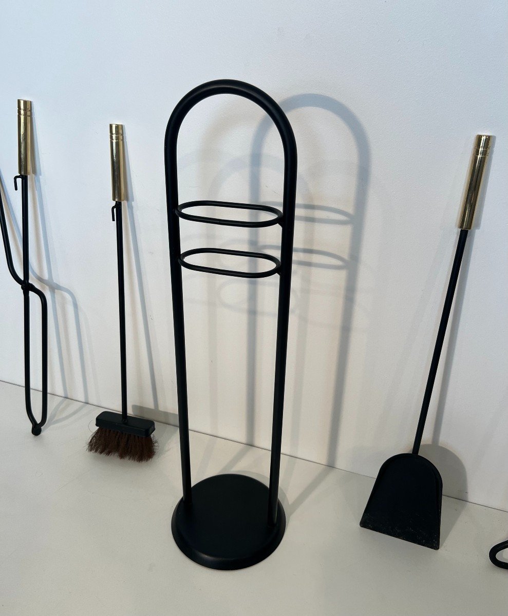 Black Lacquered And Brass Design Fireplace Tools On Stand. French Work. Circa 1970-photo-5