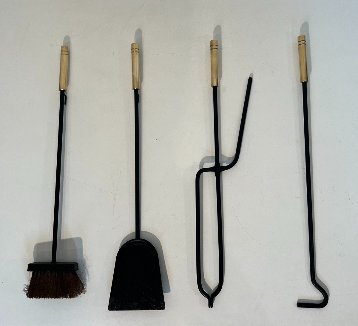 Black Lacquered And Brass Design Fireplace Tools On Stand. French Work. Circa 1970-photo-6