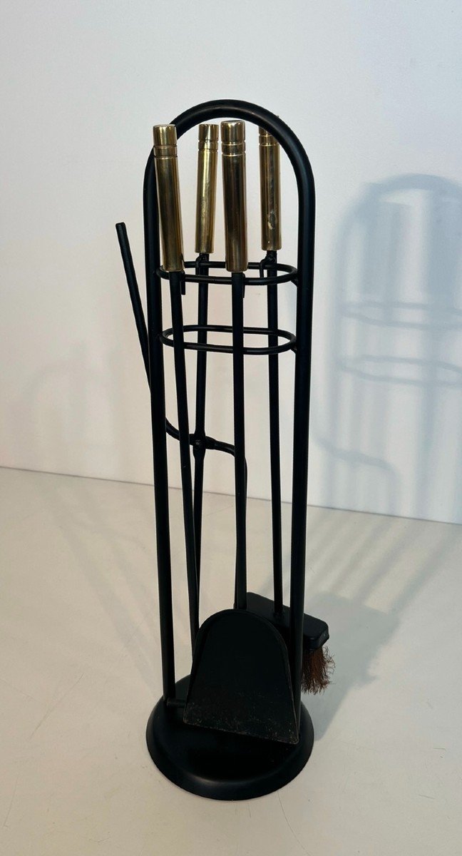 Black Lacquered And Brass Design Fireplace Tools On Stand. French Work. Circa 1970-photo-8