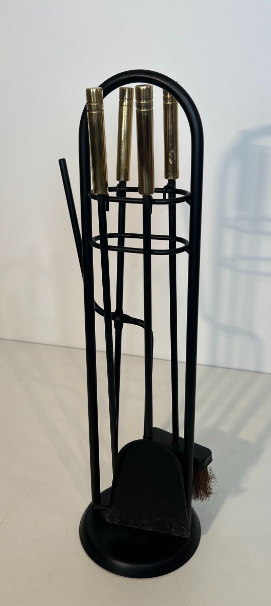 Black Lacquered And Brass Design Fireplace Tools On Stand. French Work. Circa 1970