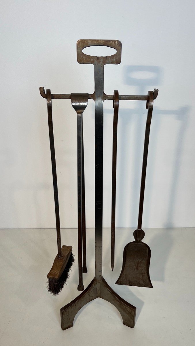 Modernist Steel Fireplace Tools On Stand. French Work. Circa 1970-photo-2